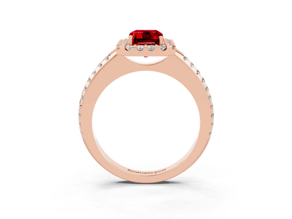 Rose gold Emerald Cut Ruby Pavé Halo Ring with Four-Prong Setting