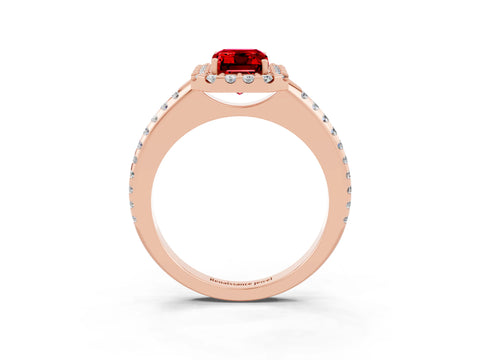 Rose gold Emerald Cut Ruby Pavé Halo Ring with Four-Prong Setting_15