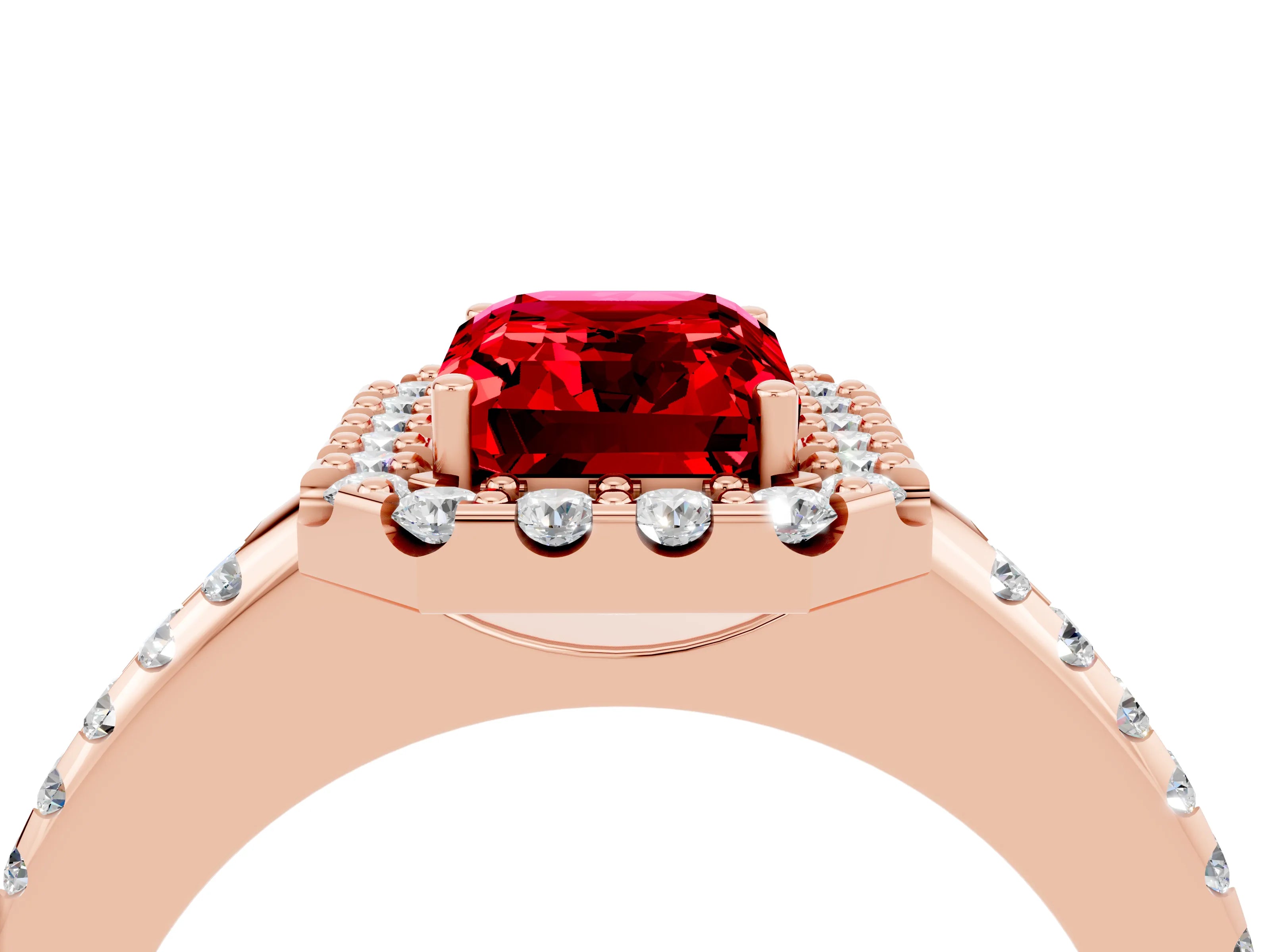 Rose gold Emerald Cut Ruby Pavé Halo Ring with Four-Prong Setting_16