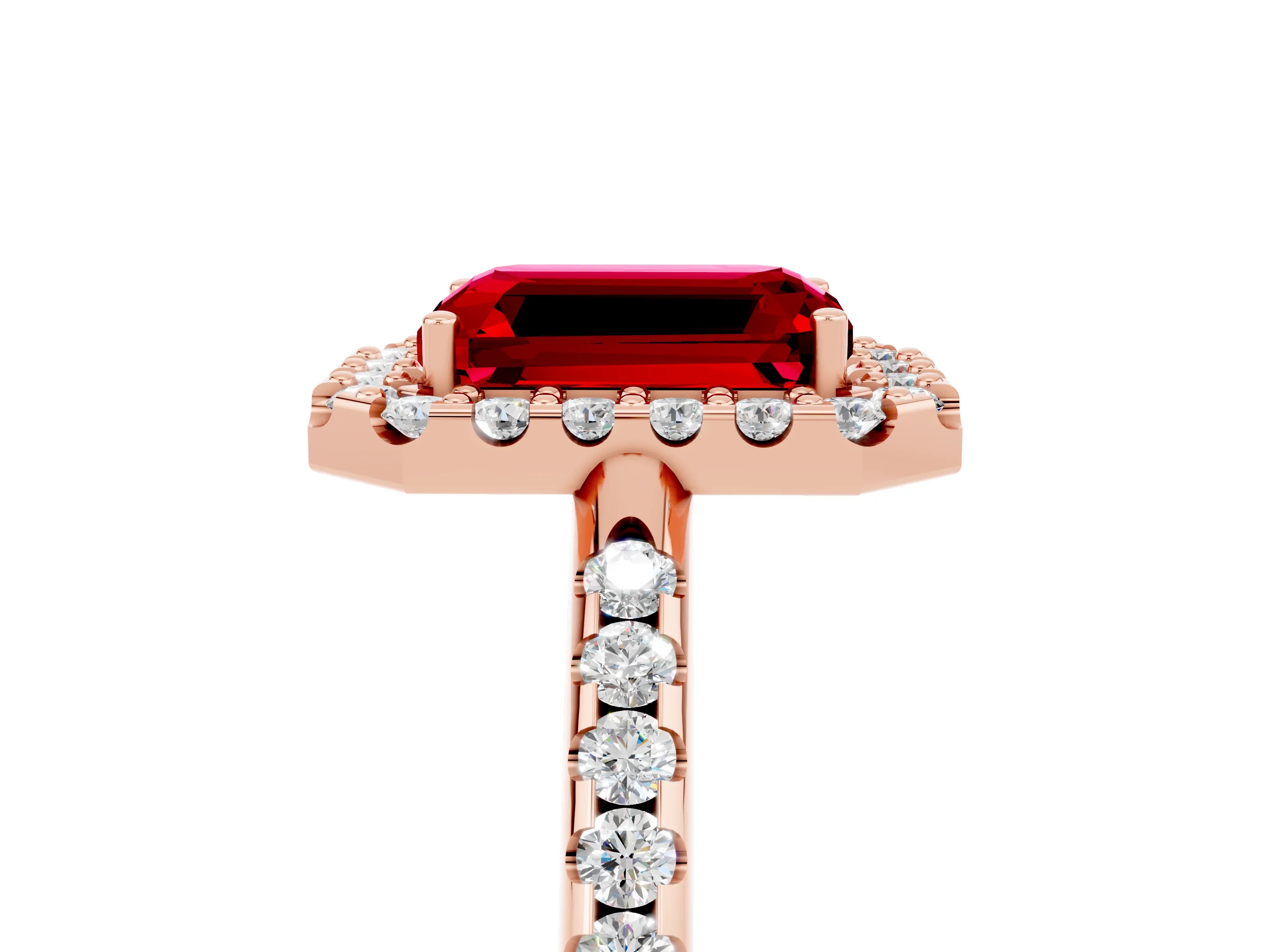 Rose gold Emerald Cut Ruby Pavé Halo Ring with Four-Prong Setting_17