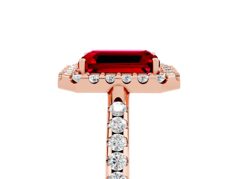 Rose gold Emerald Cut Ruby Pavé Halo Ring with Four-Prong Setting_17