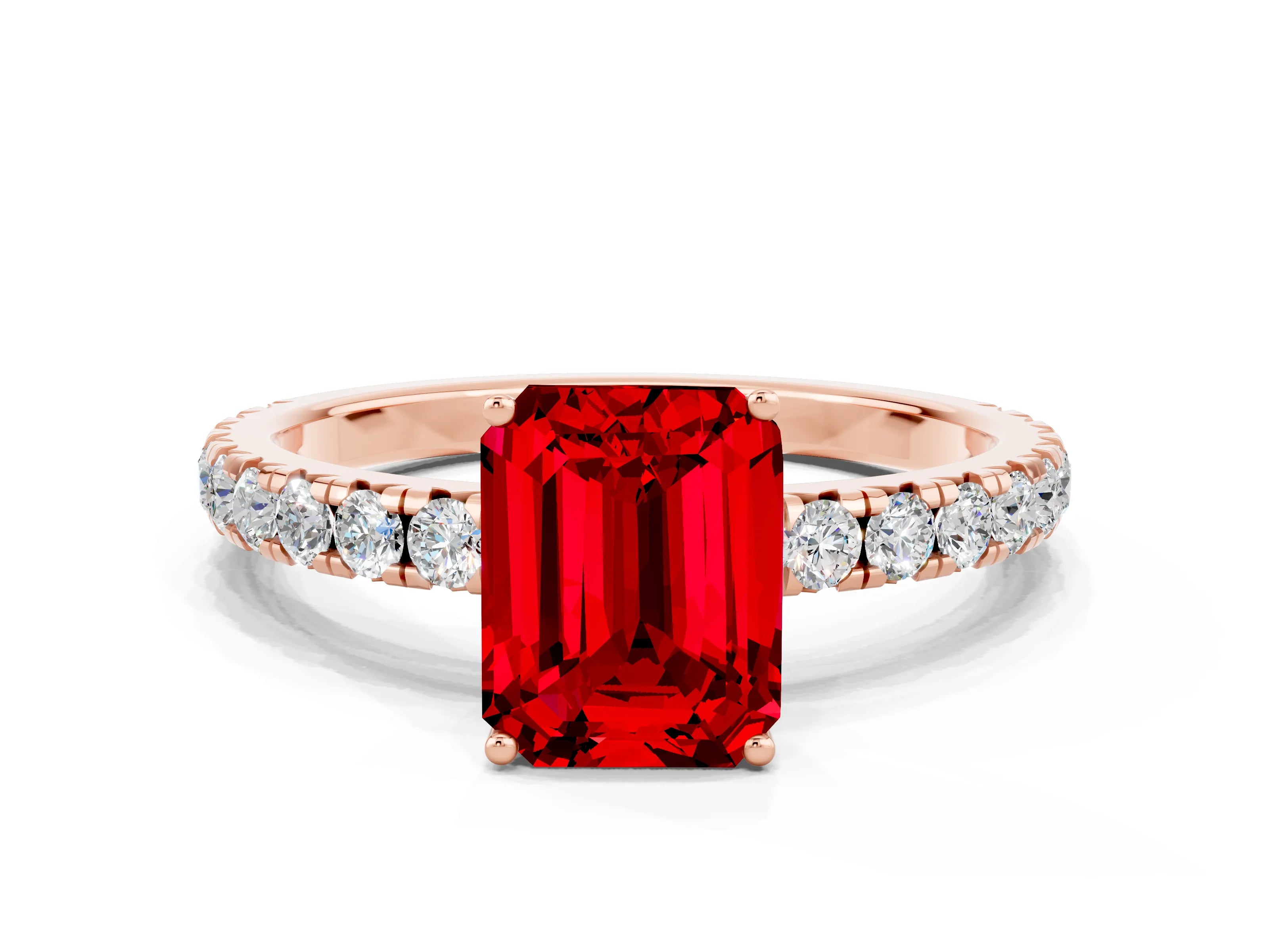 Rose gold Emerald Cut Ruby Pavé Solitaire Engagement Ring with Four-Prong Setting_12