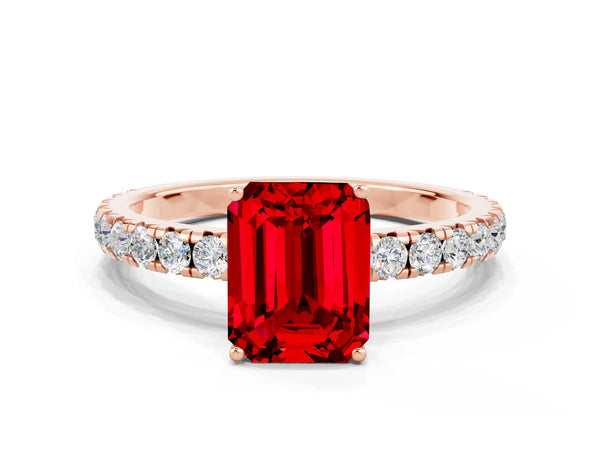 Rose gold Emerald Cut Ruby Pavé Solitaire Engagement Ring with Four-Prong Setting