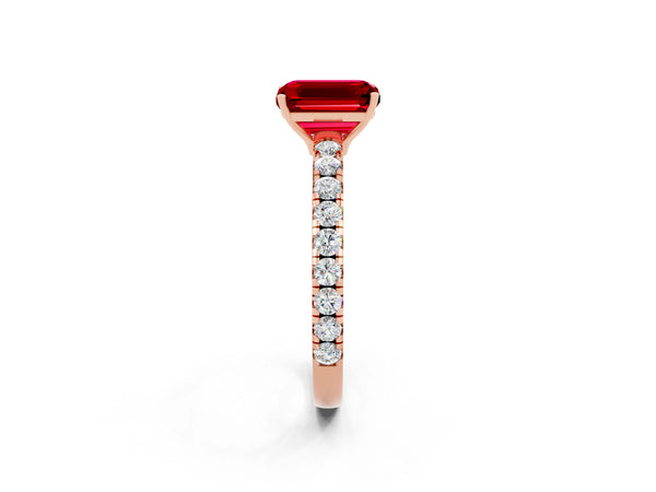 Rose gold Emerald Cut Ruby Pavé Solitaire Engagement Ring with Four-Prong Setting