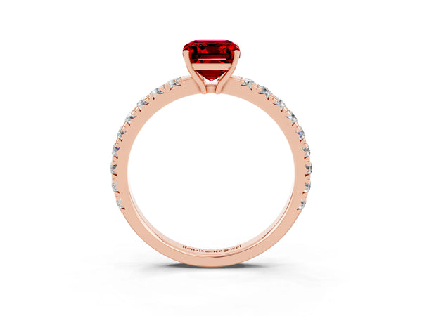 Rose gold Emerald Cut Ruby Pavé Solitaire Engagement Ring with Four-Prong Setting