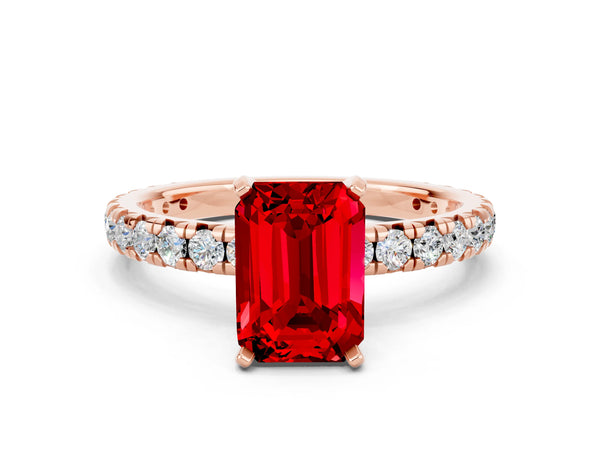 Rose gold Emerald Cut Ruby Pavé Solitaire Ring with Round Band and Prong Setting
