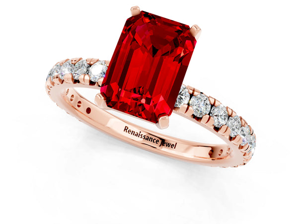 Rose gold Emerald Cut Ruby Pavé Solitaire Ring with Round Band and Prong Setting