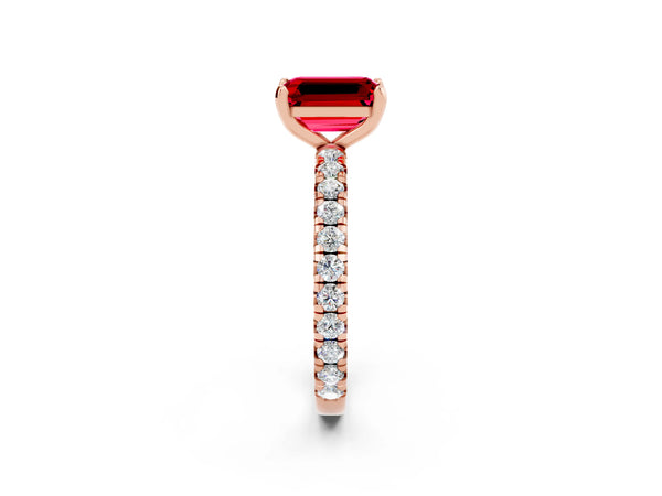 Rose gold Emerald Cut Ruby Pavé Solitaire Ring with Round Band and Prong Setting