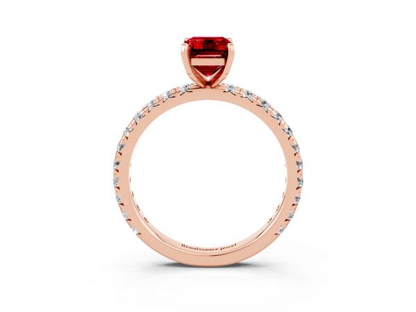 Rose gold Emerald Cut Ruby Pavé Solitaire Ring with Round Band and Prong Setting