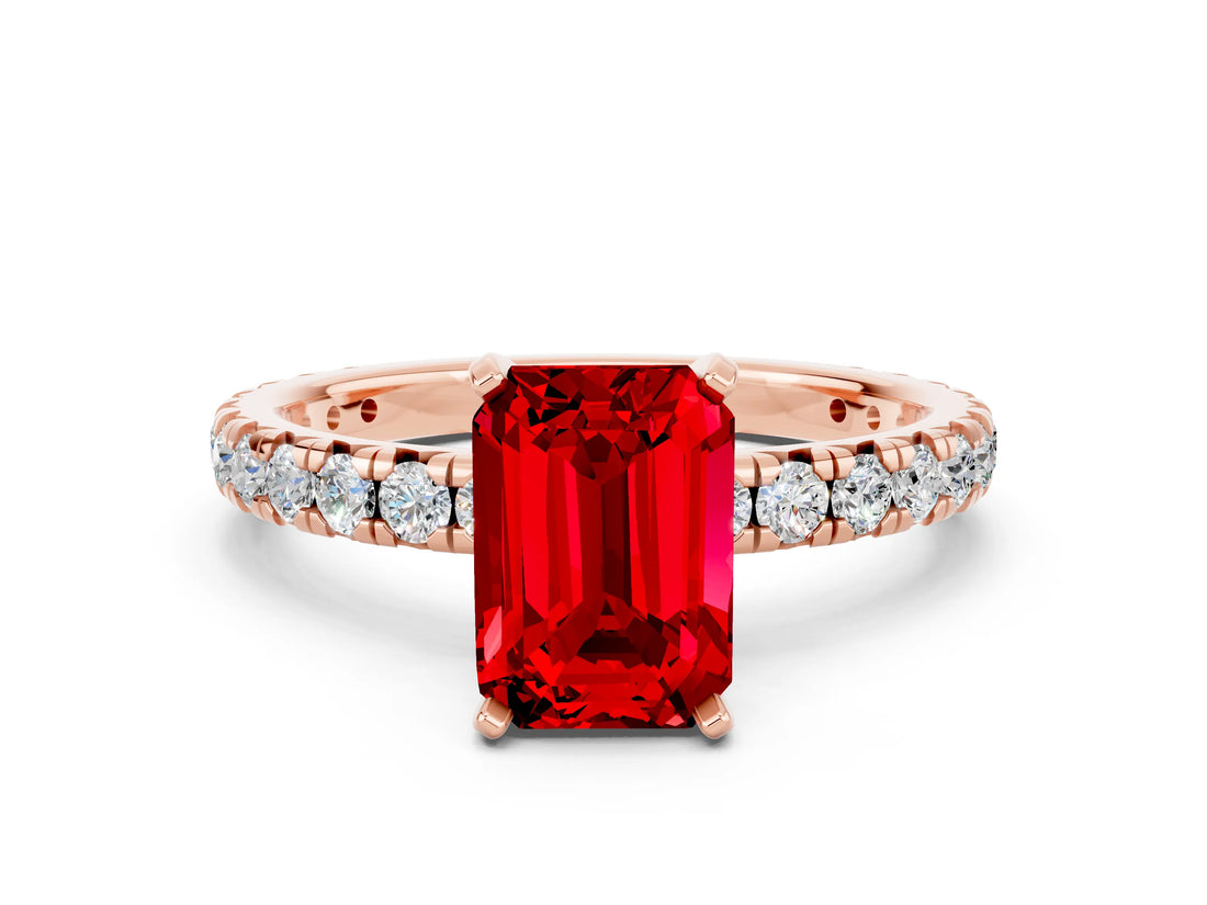 Rose gold Emerald Cut Ruby Pavé Solitaire Ring with Round Band and Prong Setting_24