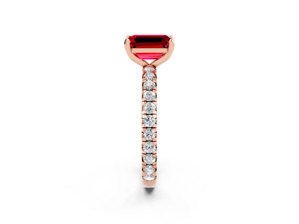Rose Gold Emerald Cut Lab-Grown Ruby Solitaire Engagement Ring with Shared Prong Pave Band