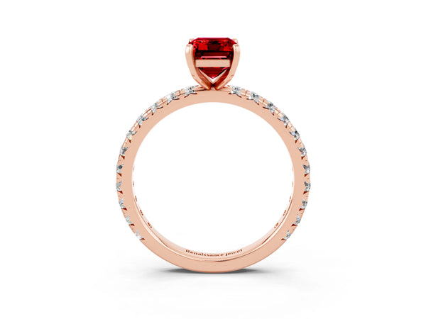Rose Gold Emerald Cut Lab-Grown Ruby Solitaire Engagement Ring with Shared Prong Pave Band