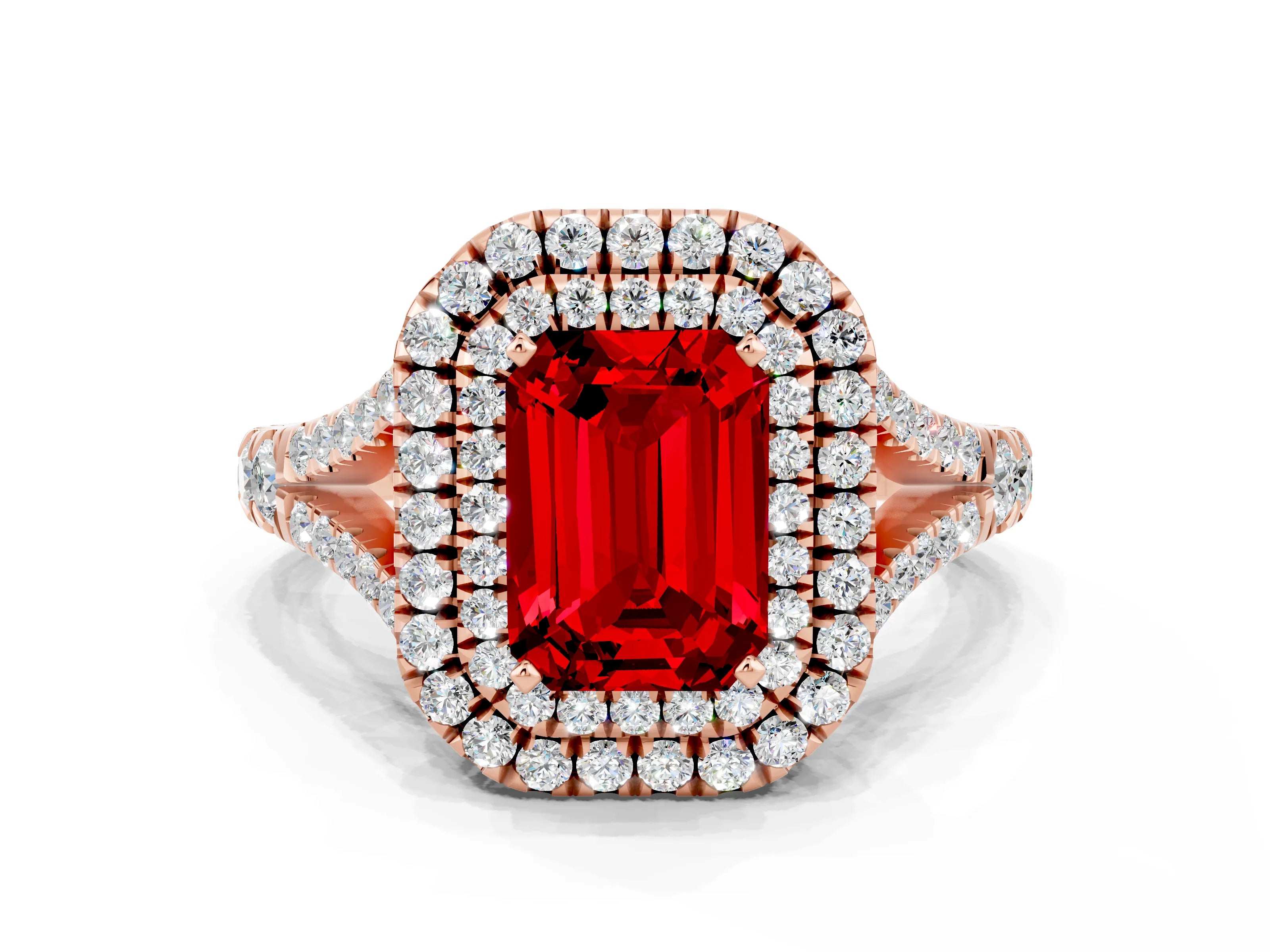 Rose gold Emerald Cut Ruby Pavé Split Shank Double Halo Engagement Ring