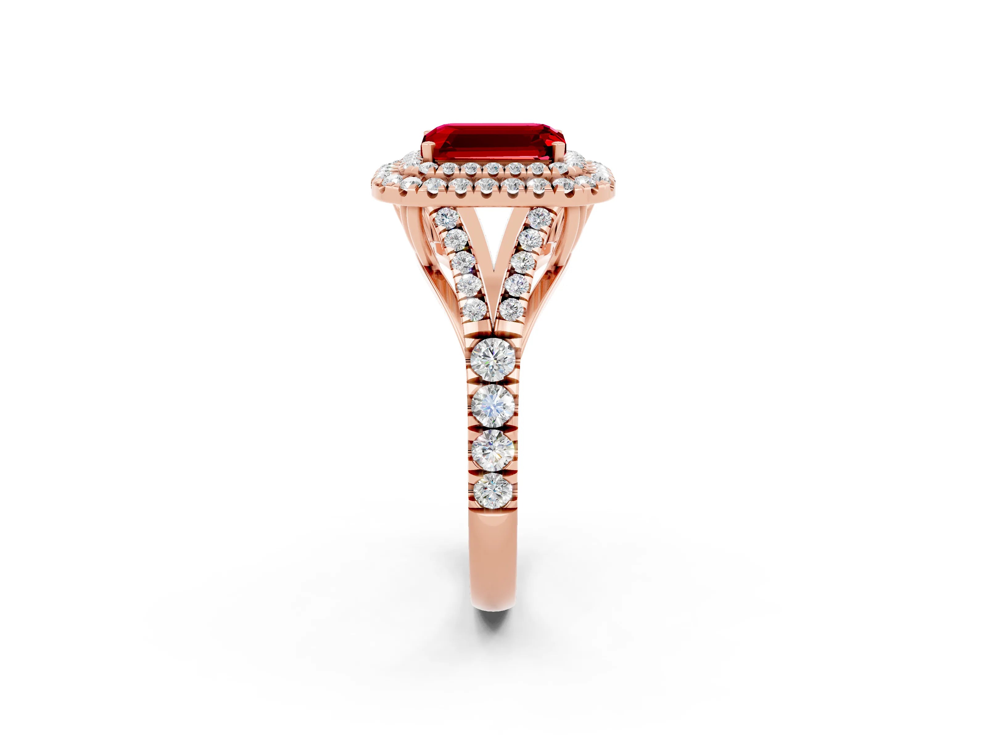Rose gold Emerald Cut Ruby Pavé Split Shank Double Halo Engagement Ring_2