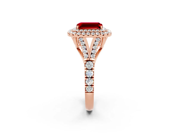 Rose gold Emerald Cut Ruby Pavé Split Shank Double Halo Engagement Ring