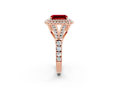 Rose gold Emerald Cut Ruby Pavé Split Shank Double Halo Engagement Ring_2