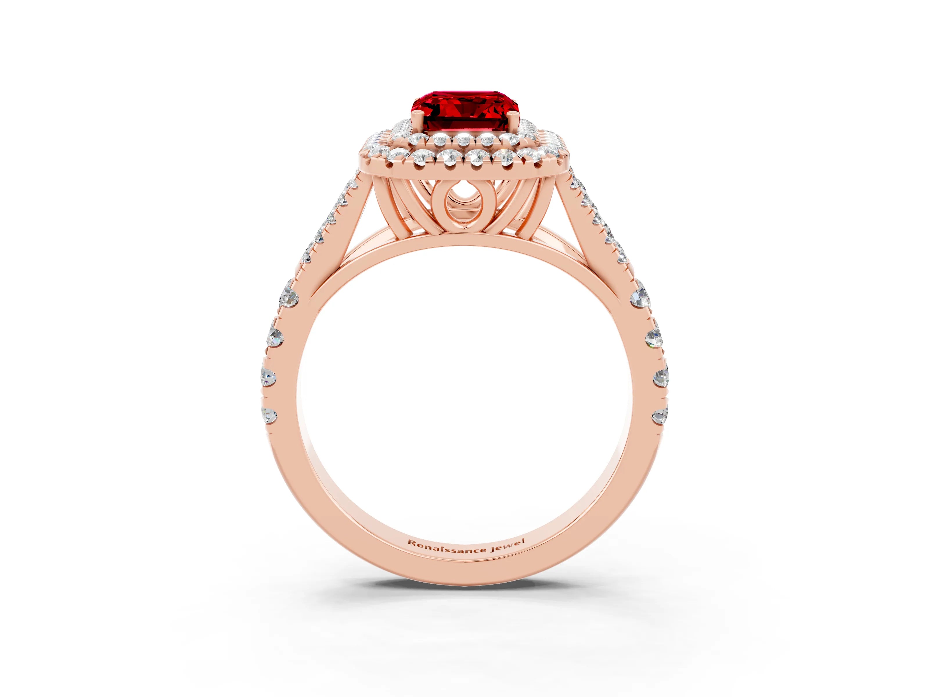 Rose gold Emerald Cut Ruby Pavé Split Shank Double Halo Engagement Ring_3