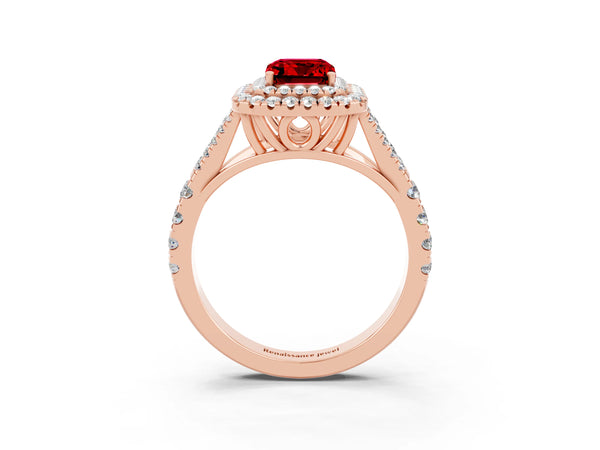 Rose gold Emerald Cut Ruby Pavé Split Shank Double Halo Engagement Ring