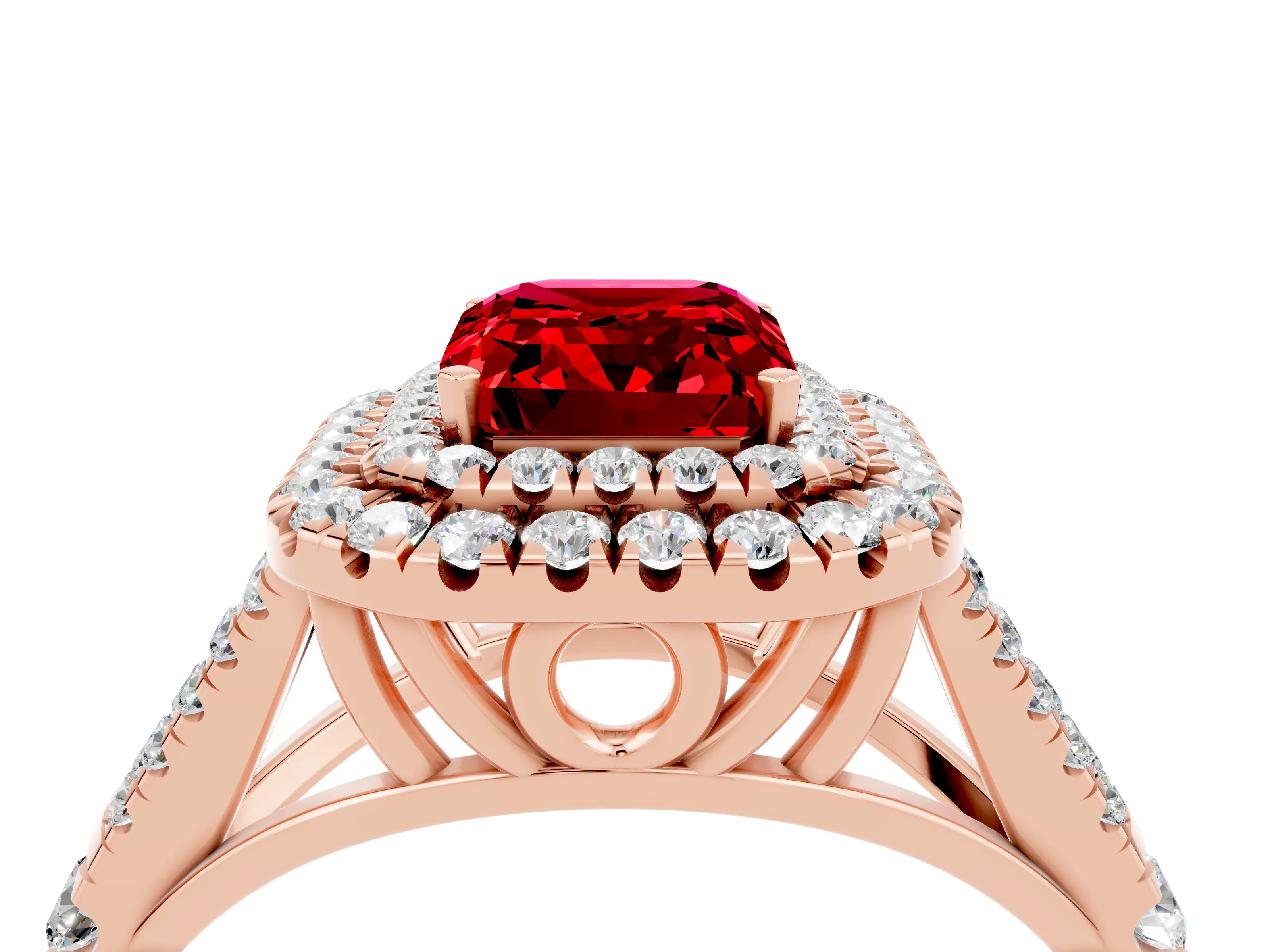 Rose gold Emerald Cut Ruby Pavé Split Shank Double Halo Engagement Ring_4
