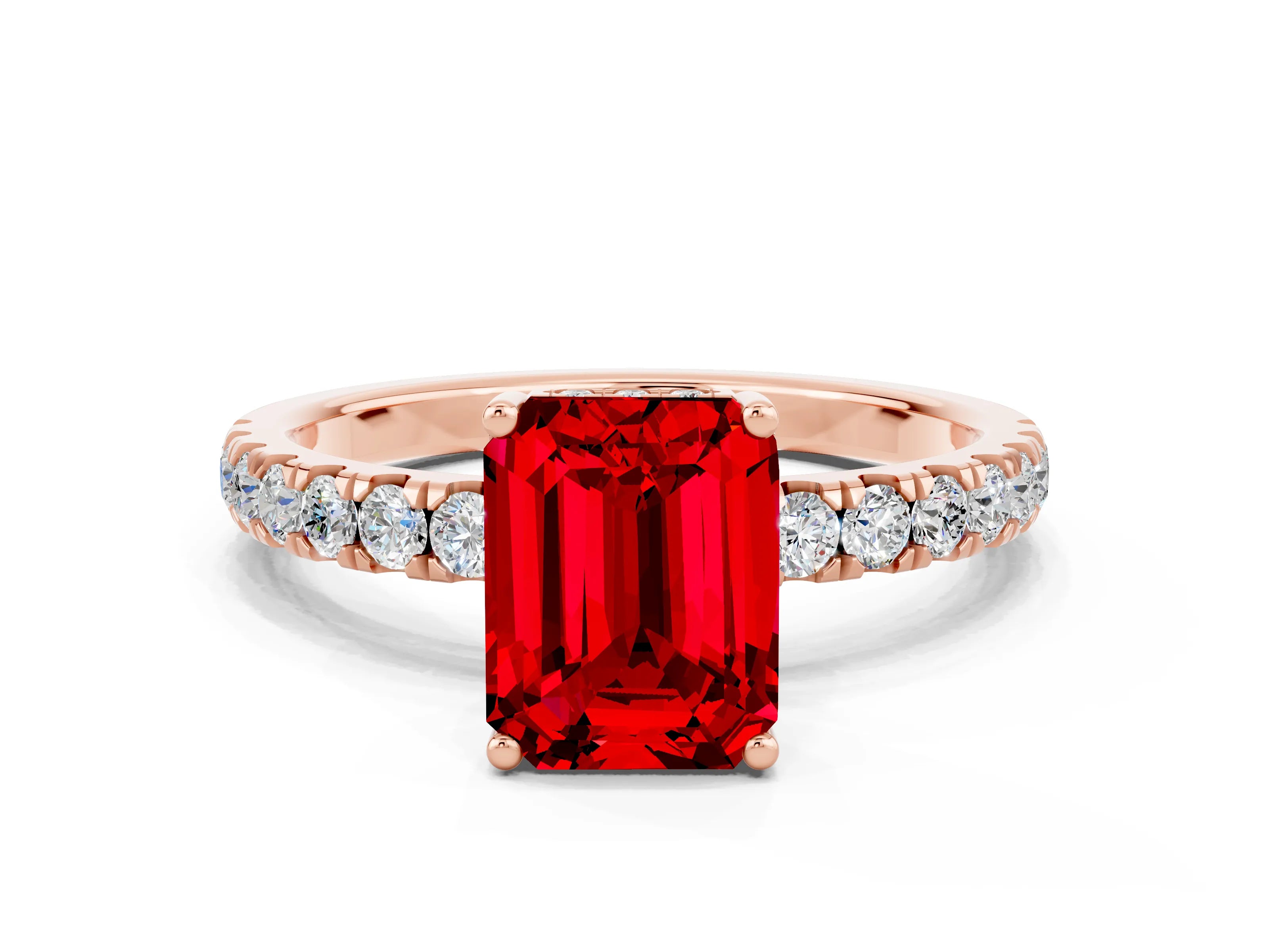 Rose gold Emerald Cut Ruby Pave Band Solitaire Ring with Four-Prong Setting_24