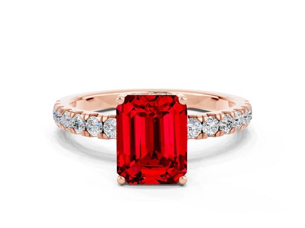 Rose gold Emerald Cut Ruby Pave Band Solitaire Ring with Round  and Prong Setting