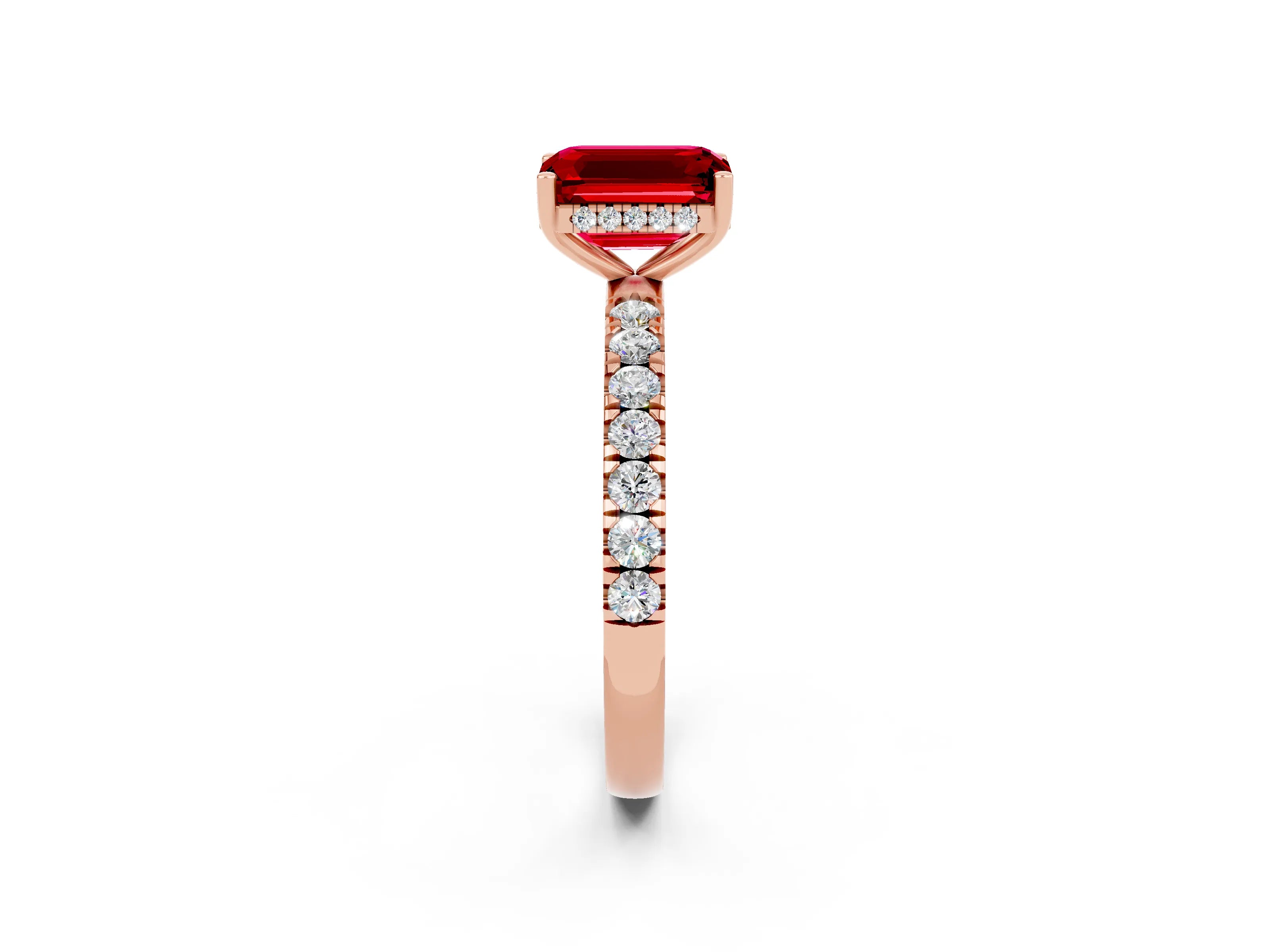 Rose gold Emerald Cut Ruby Pave Band Solitaire Ring with Four-Prong Setting_26