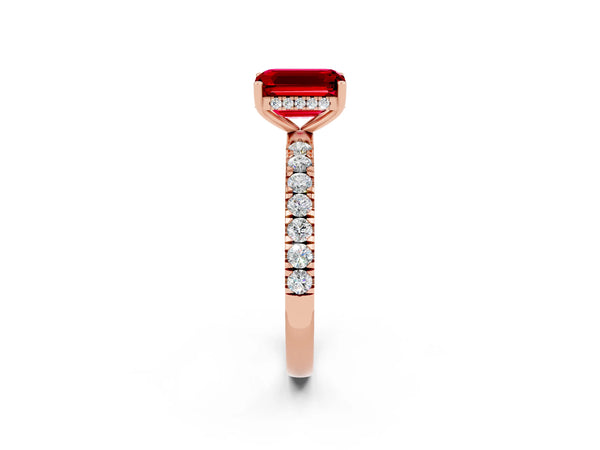 Rose gold Emerald Cut Ruby Pave Band Solitaire Ring with Round  and Prong Setting