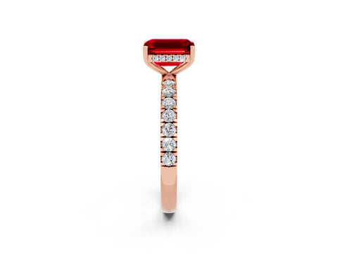 Rose gold Emerald Cut Ruby Pave Band Solitaire Ring with Four-Prong Setting_26