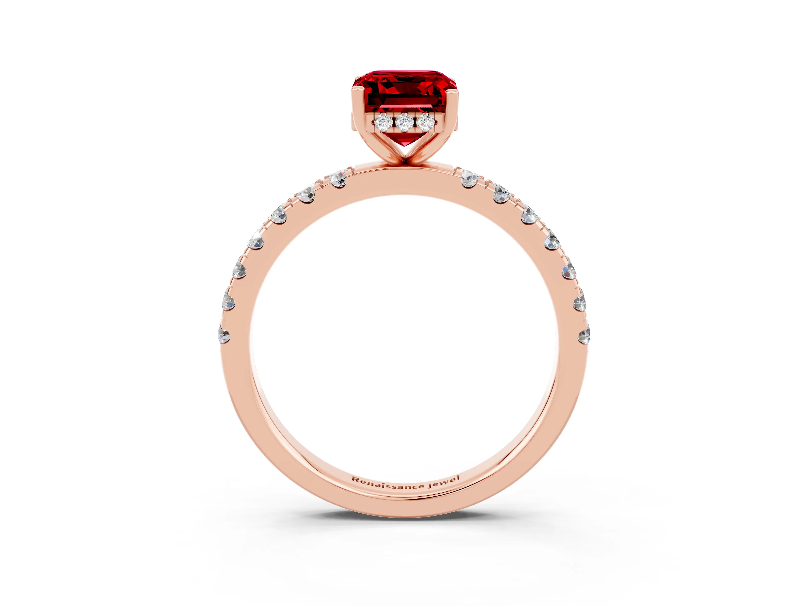 Rose gold Emerald Cut Ruby Pave Band Solitaire Ring with Four-Prong Setting_27