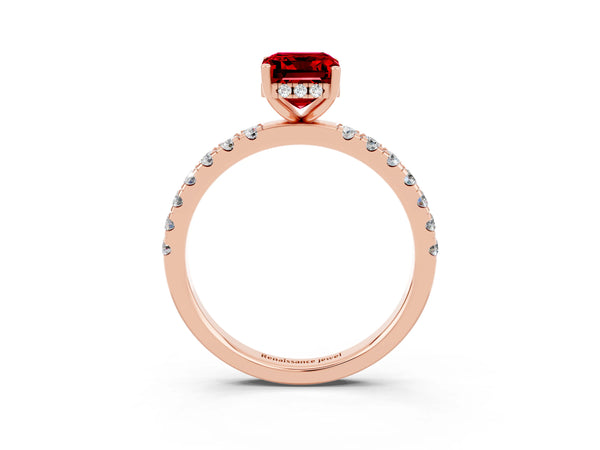 Rose gold Emerald Cut Ruby Pave Band Solitaire Ring with Round  and Prong Setting