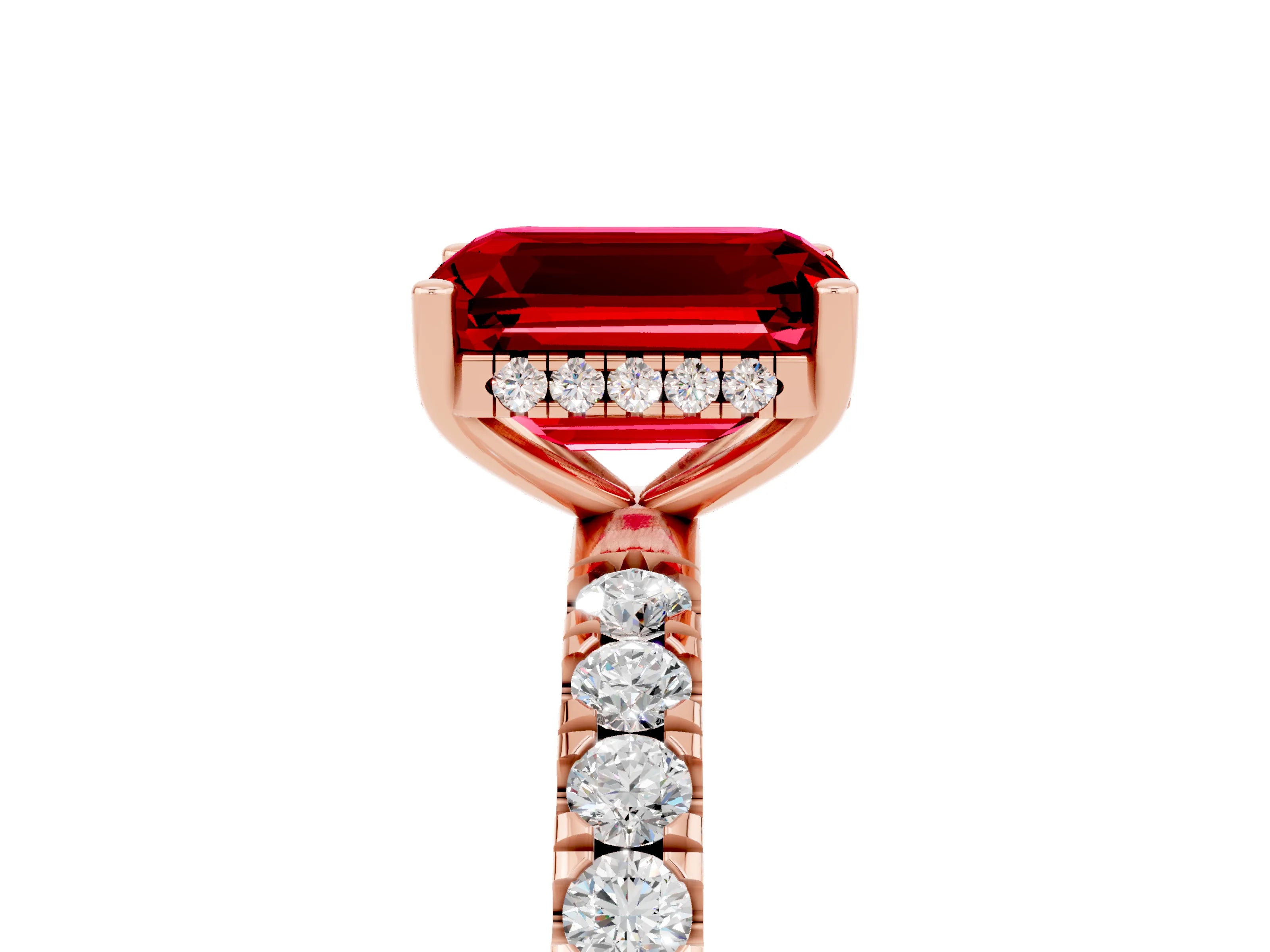 Rose gold Emerald Cut Ruby Pave Band Solitaire Ring with Four-Prong Setting_29