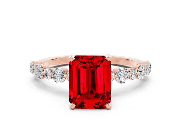 Rose gold Emerald Cut Ruby Prong Set Engagement Ring with Pavé Band