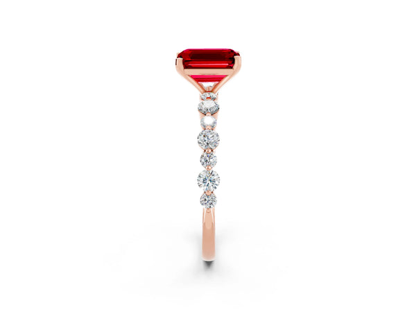 Rose gold Emerald Cut Ruby Prong Set Engagement Ring with Pavé Band