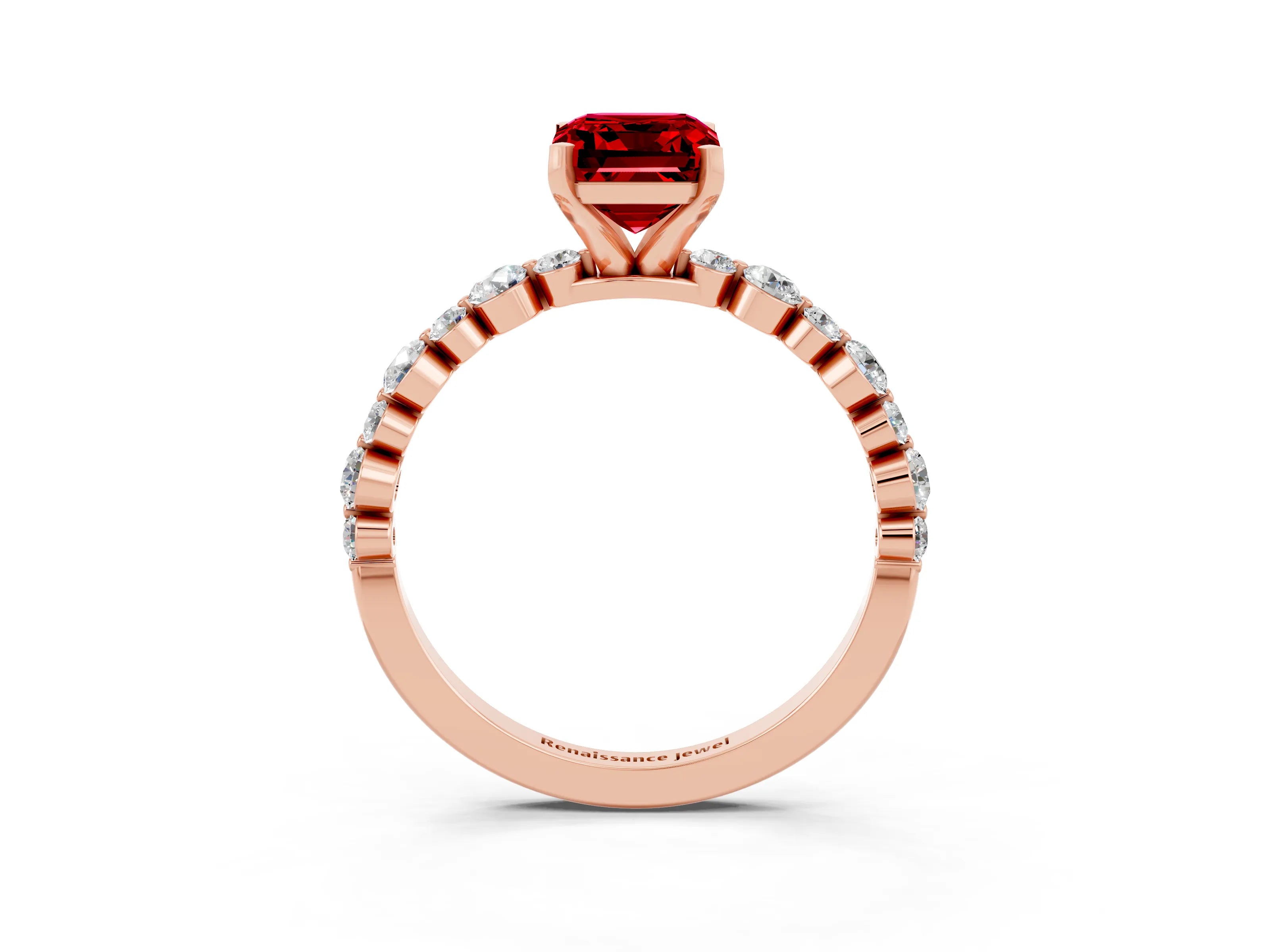Rose gold Emerald Cut Ruby Prong Set Engagement Ring with Pavé Band_3
