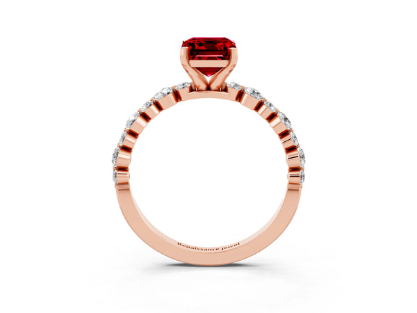Rose gold Emerald Cut Ruby Prong Set Engagement Ring with Pavé Band