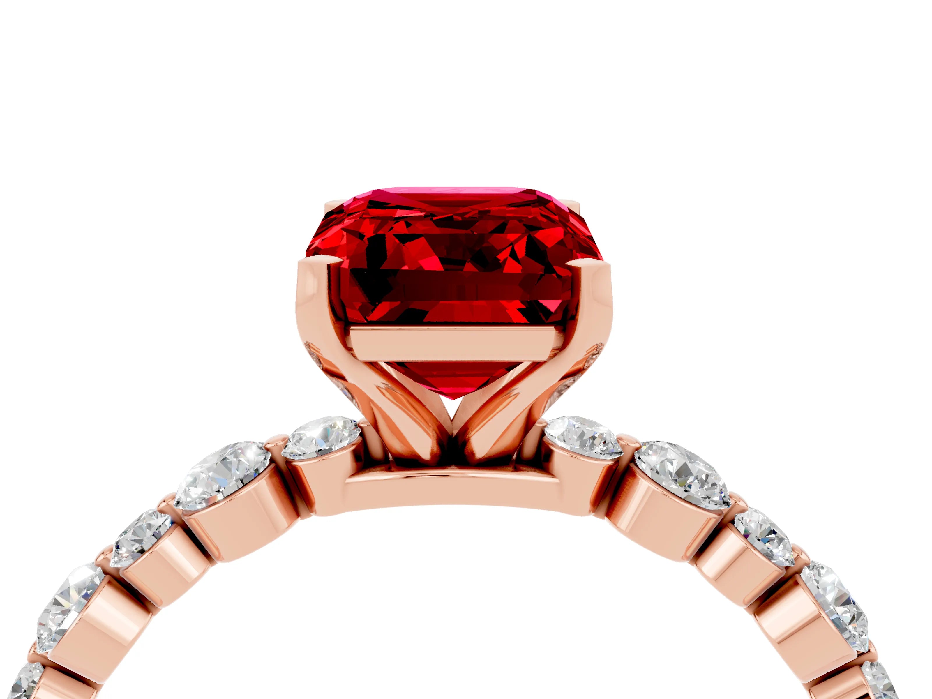 Rose gold Emerald Cut Ruby Prong Set Engagement Ring with Pavé Band_4