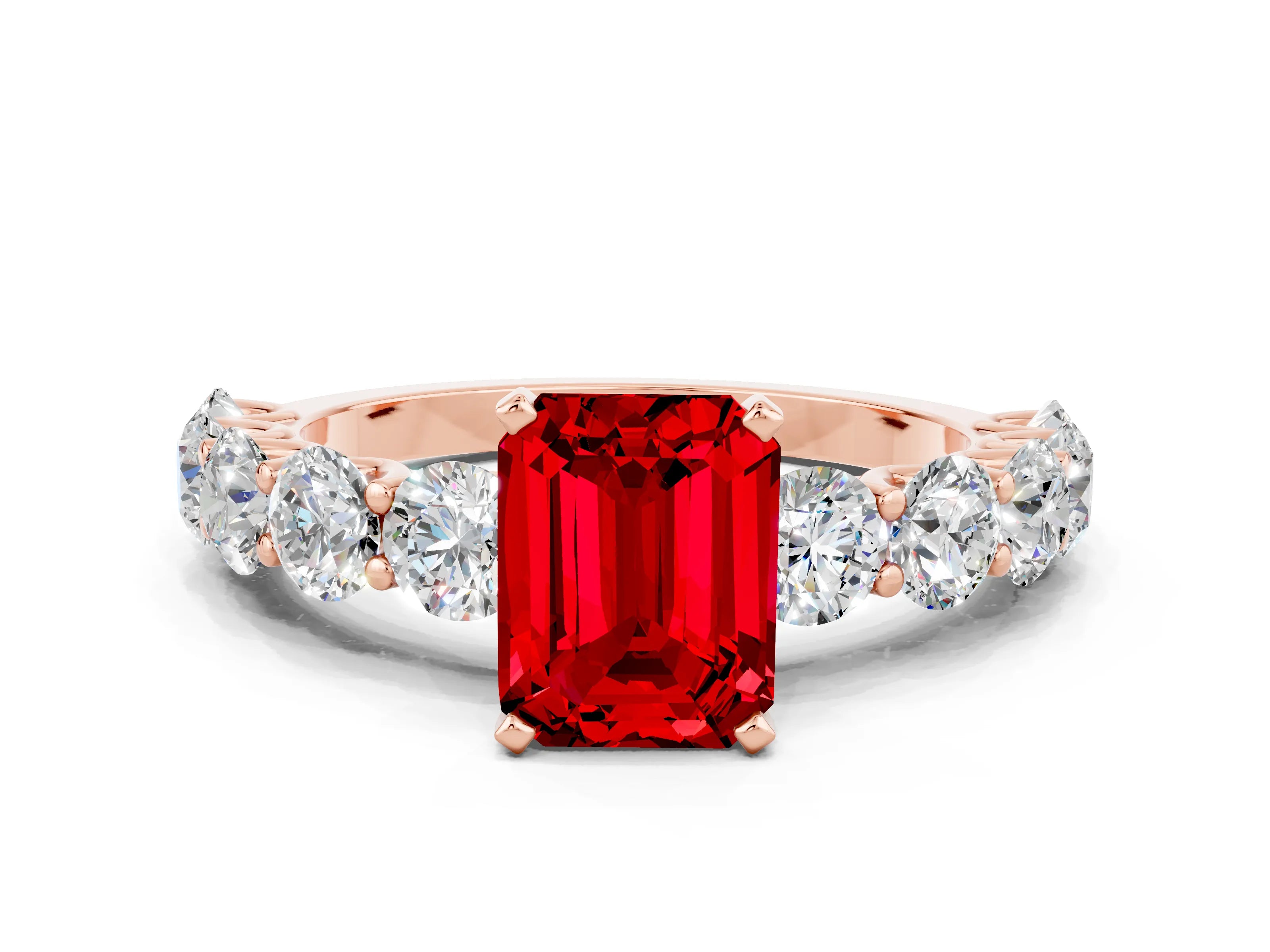 Rose gold Emerald Cut Ruby Prong Setting with Side Stones on a Pave Band