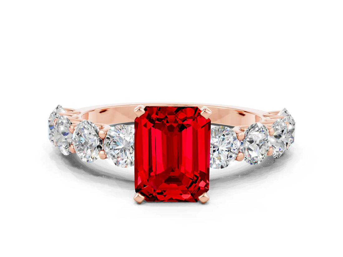 Rose gold Emerald Cut Ruby Prong Setting with Side Stones on a Pave Band