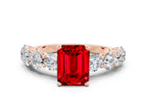 Rose gold Emerald Cut Ruby Prong Setting with Side Stones on a Pave Band
