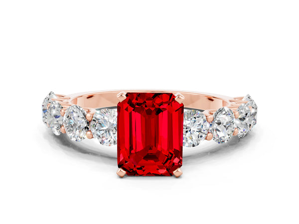 Rose gold Emerald Cut Ruby Prong Setting with Side Stones on a Pave Band