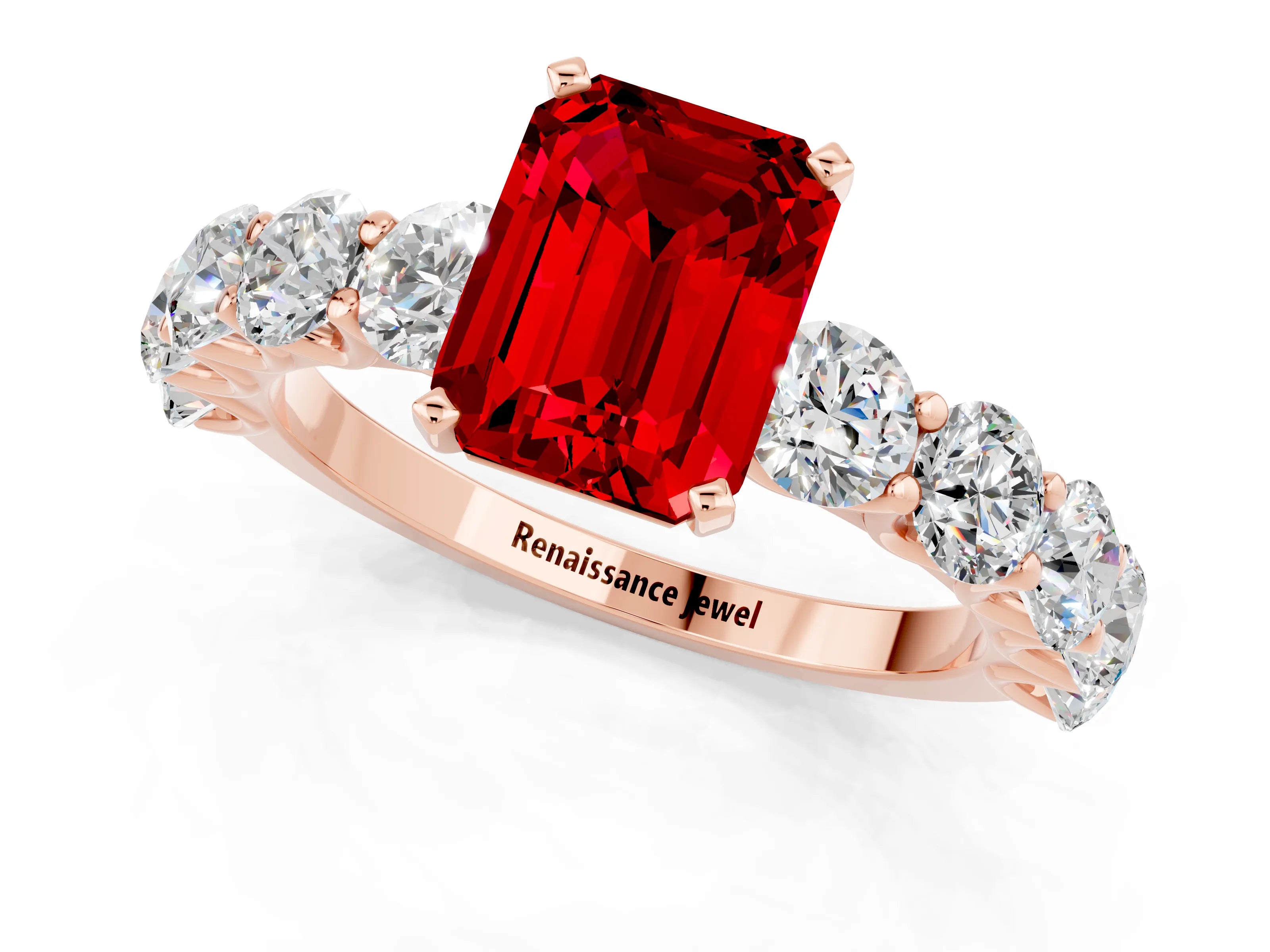Rose gold Emerald Cut Ruby Prong Setting with Side Stones on a Pave Band_1