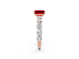 Rose gold Emerald Cut Ruby Prong Setting with Side Stones on a Pave Band_2