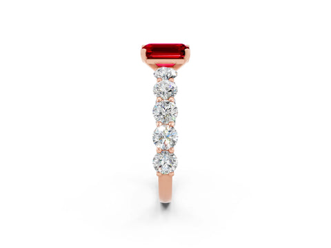 Rose gold Emerald Cut Ruby Prong Setting with Side Stones on a Pave Band_2