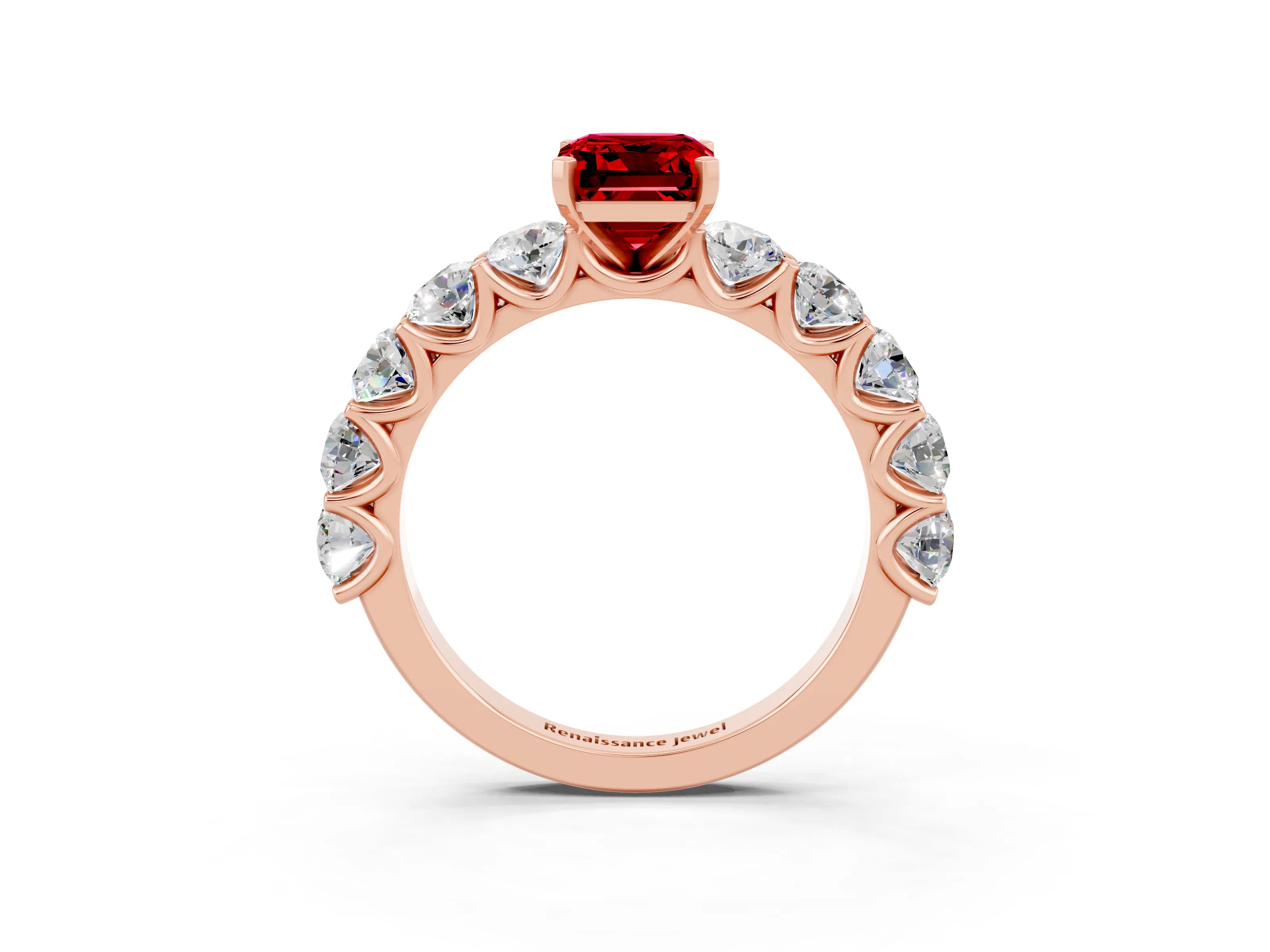 Rose gold Emerald Cut Ruby Prong Setting with Side Stones on a Pave Band_3