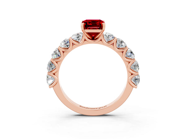Rose gold Emerald Cut Ruby Prong Setting with Side Stones on a Pave Band