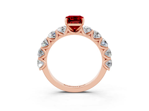 Rose gold Emerald Cut Ruby Prong Setting with Side Stones on a Pave Band_3