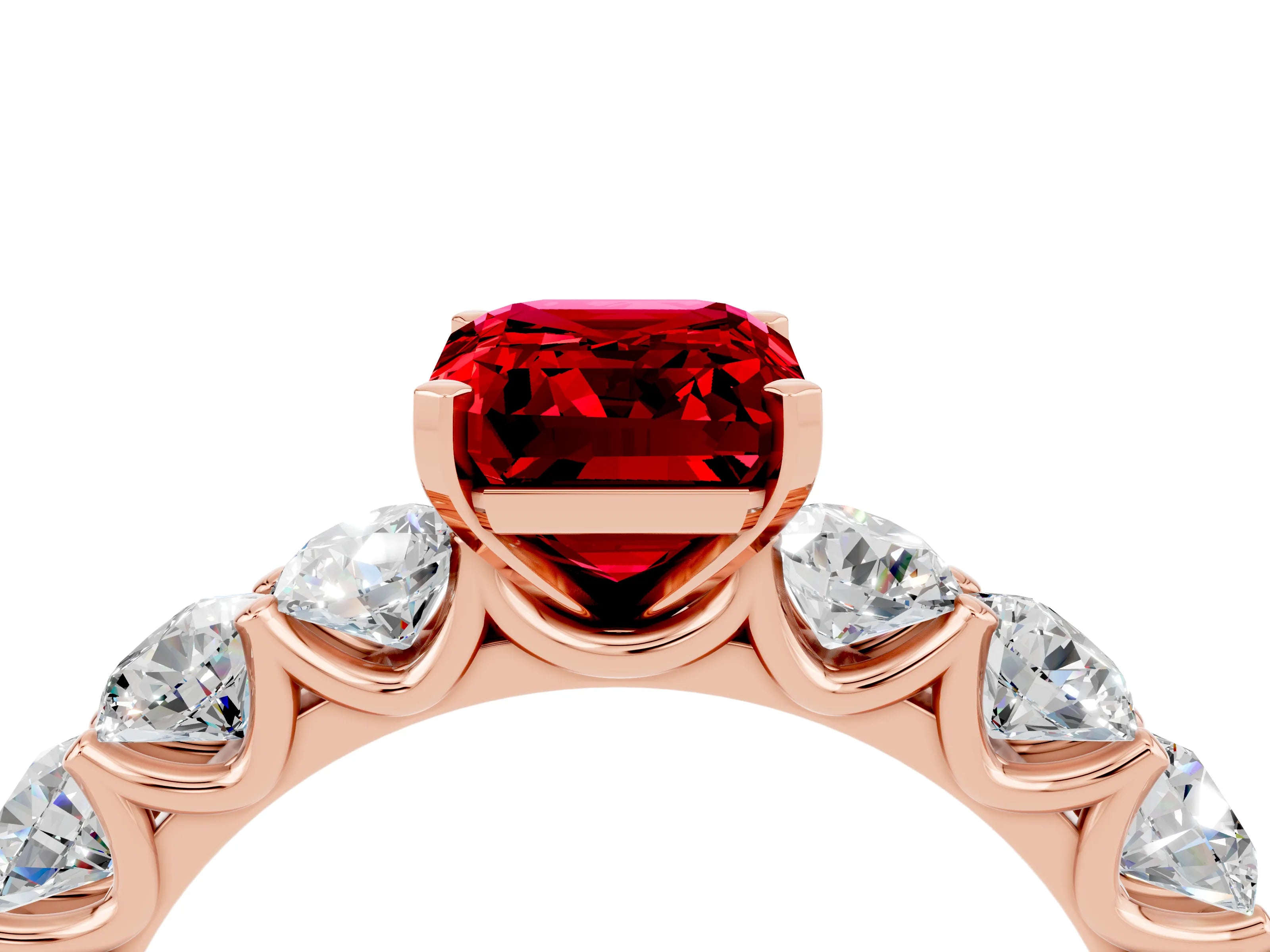 Rose gold Emerald Cut Ruby Prong Setting with Side Stones on a Pave Band_4