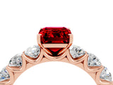 Rose gold Emerald Cut Ruby Prong Setting with Side Stones on a Pave Band_4