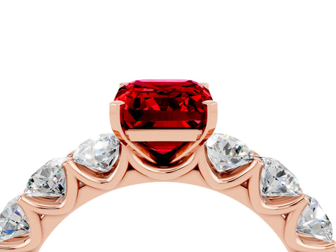 Rose gold Emerald Cut Ruby Prong Setting with Side Stones on a Pave Band_4