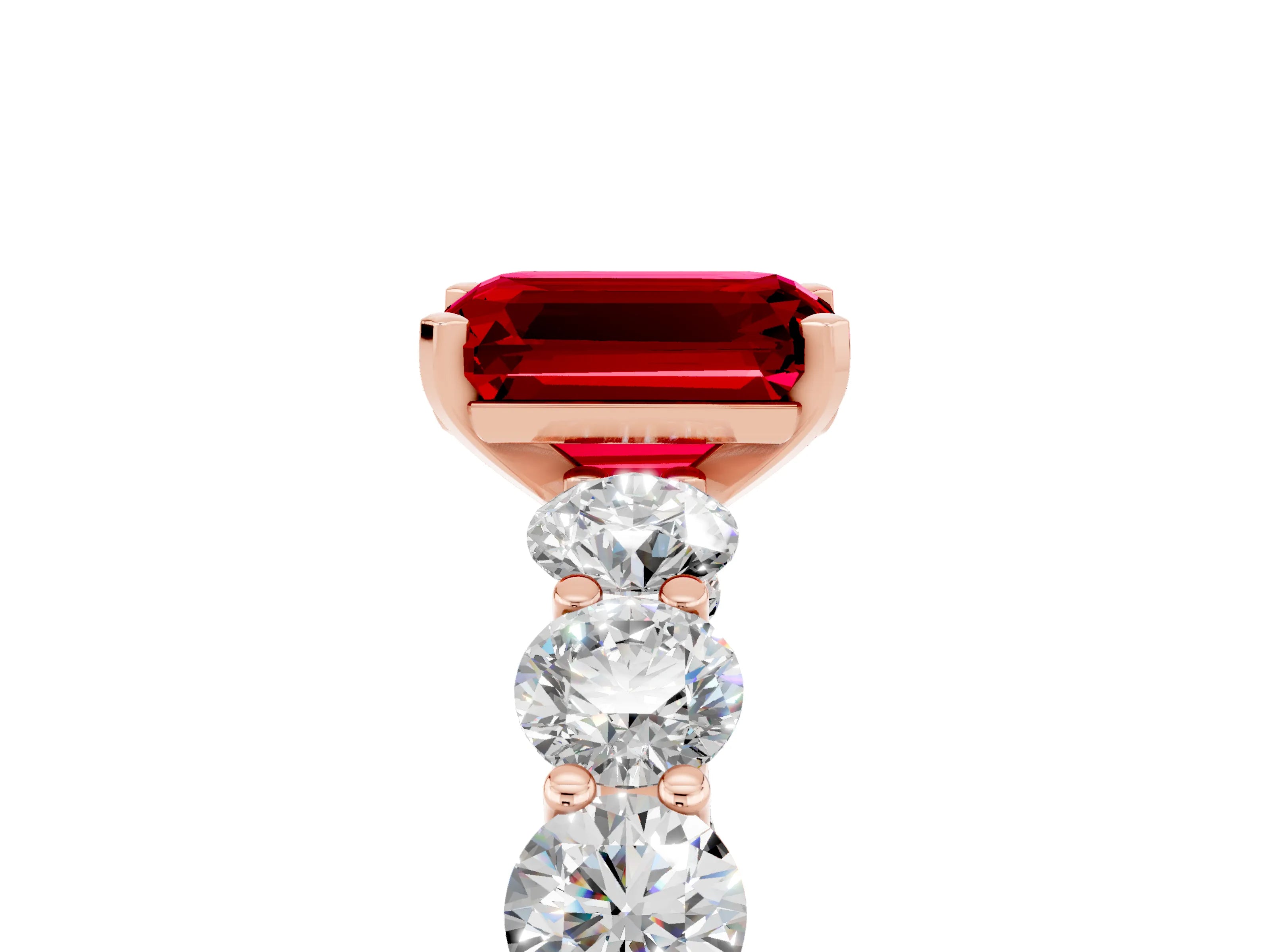 Rose gold Emerald Cut Ruby Prong Setting with Side Stones on a Pave Band_5